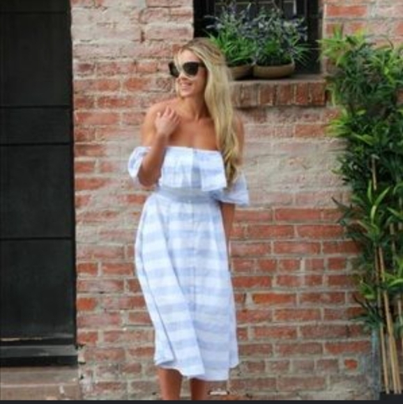 Lulus- Stripe Off/ On Shoulder button Down Dress-M - Picture 6 of 11